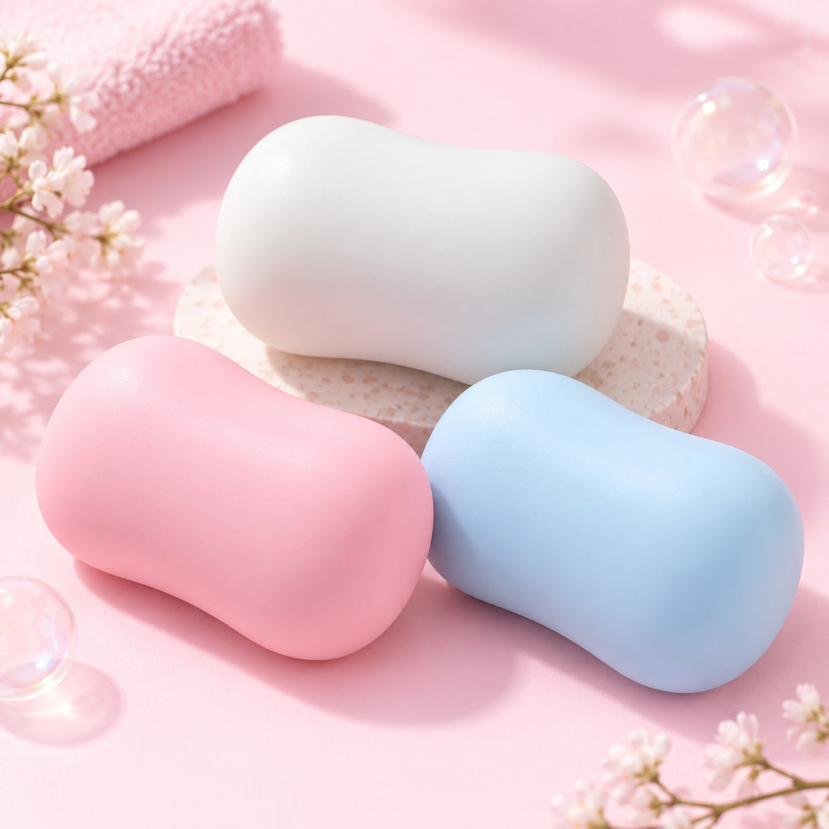 Crunchy Soap squishy in white, pink, and blue